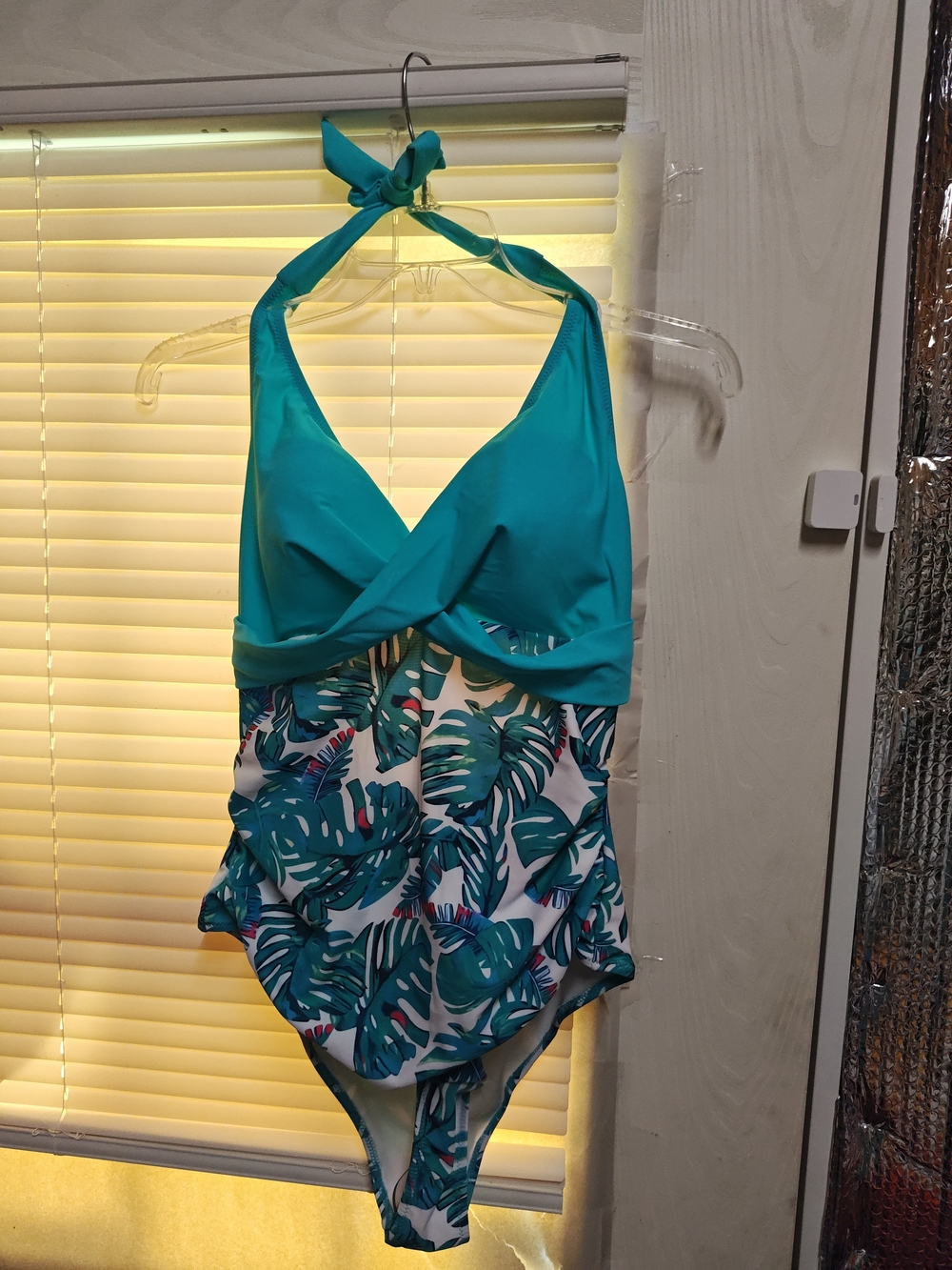 Teal Halter One-Piece Swimsuit with Tropical Leaf Print